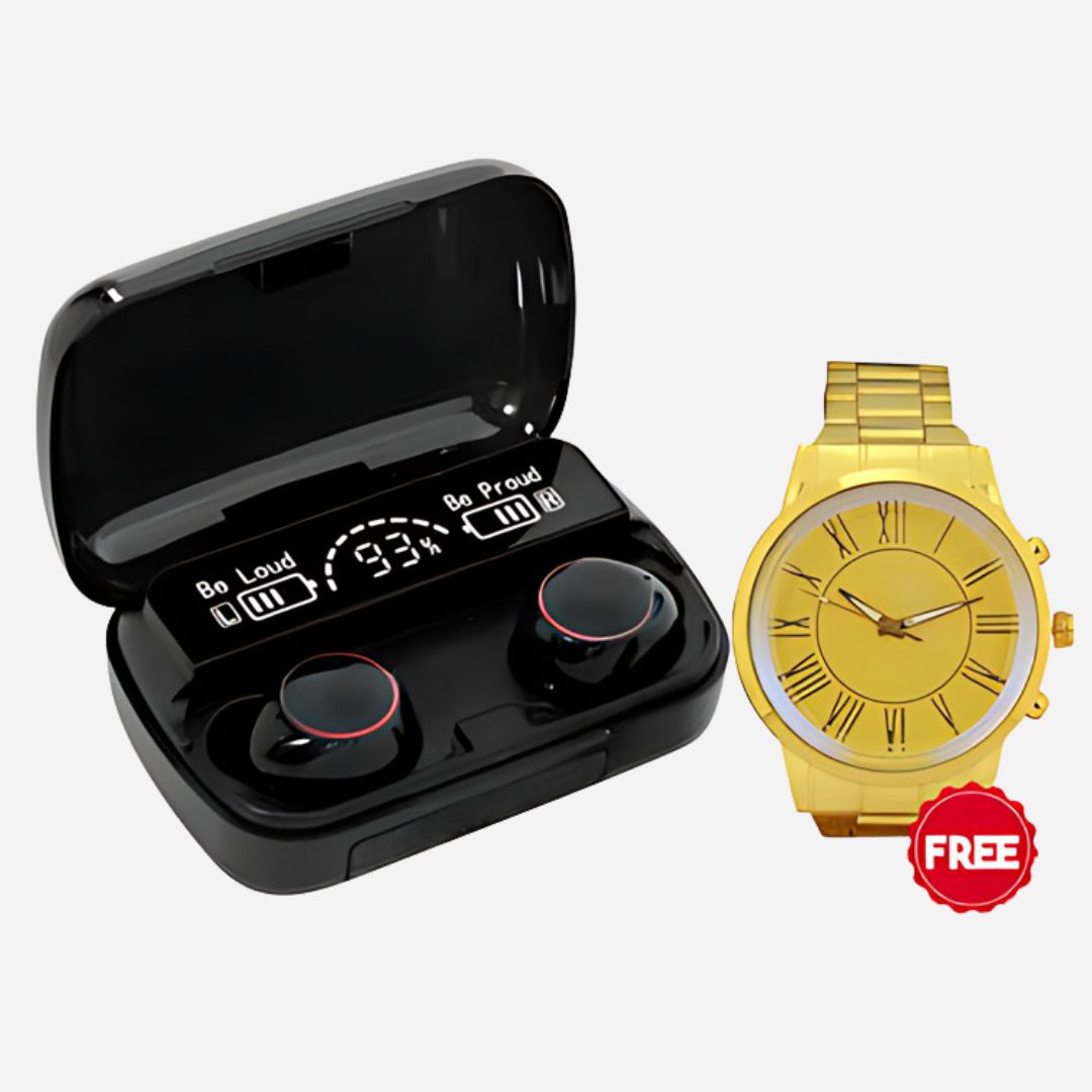 Wireless Earpods with Charging Inbuilt Charging Powerbank with Free golden watch