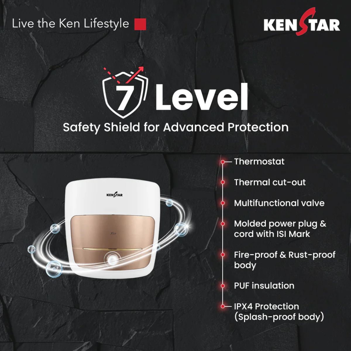 Kenstar Flux 25L 5 Star Storage Water Heater | Square Design | Polymer Tank | SwirlHeat Technology | 2 Years Warranty