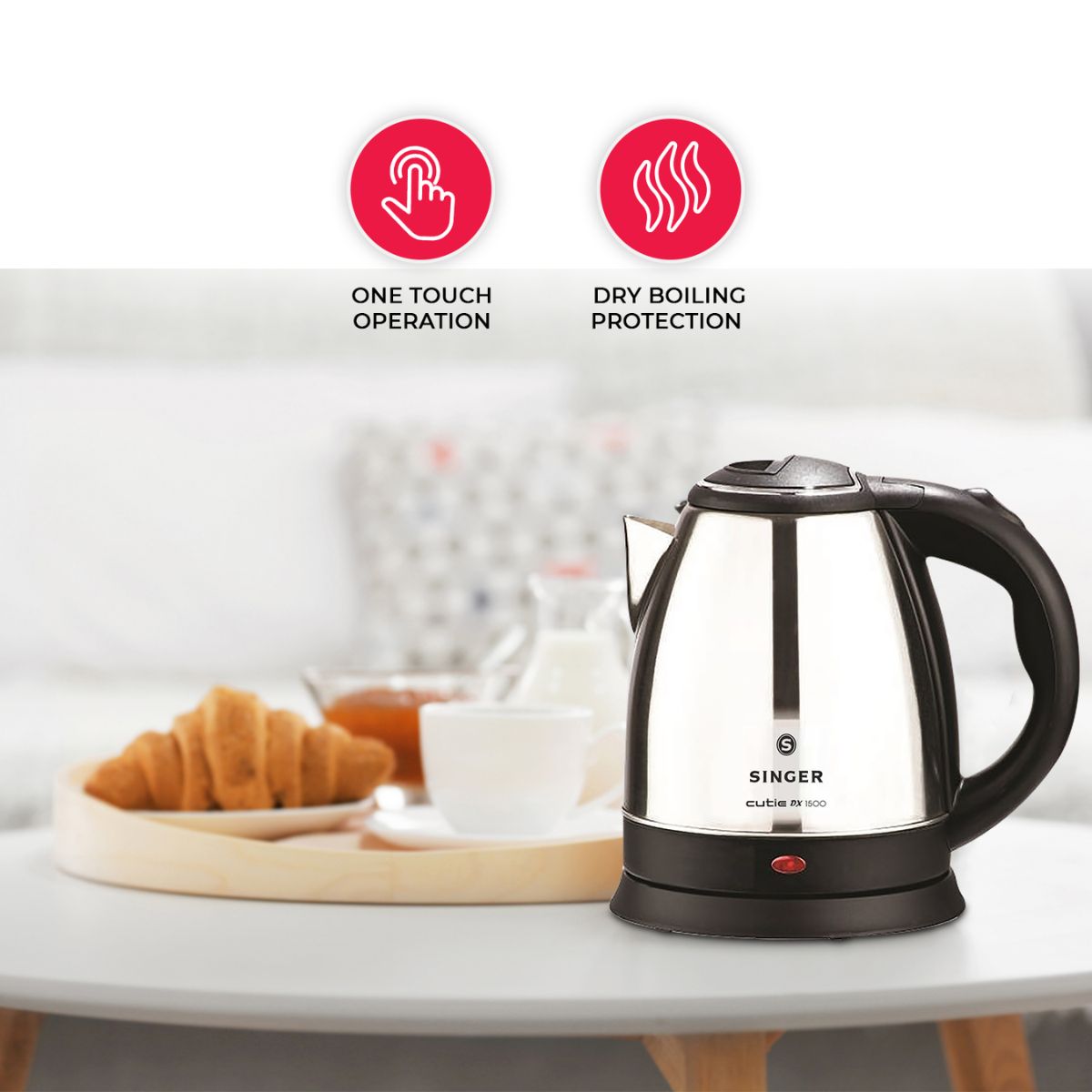 Singer Cutie DX 1.5L Electric Kettle | 1500W Power | Concealed Heating Element | 2 Years Warranty