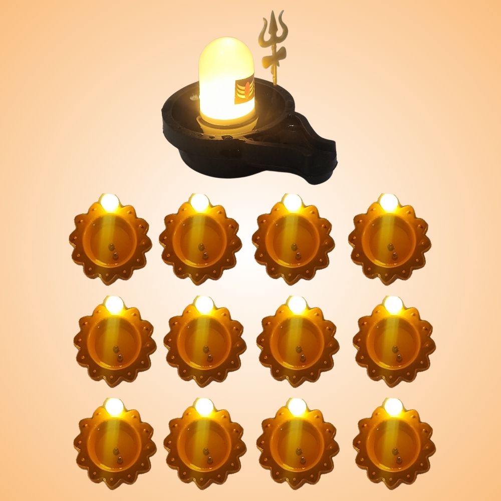 Water Sensor Glowing Shivling with Trishul & Water Sensor Diyas (6,12,24,36) Combo