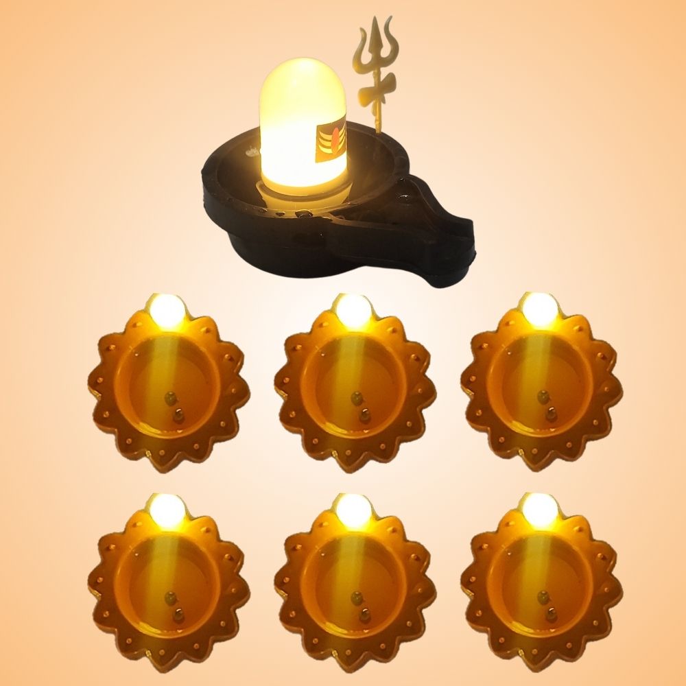 Water Sensor Glowing Shivling with Trishul & Water Sensor Diyas (6,12,24,36) Combo
