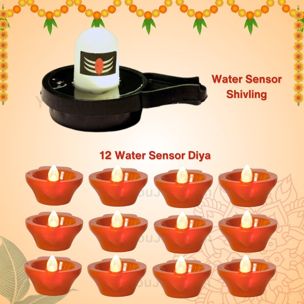 Water Sensor Glowing Shivling and Water Sensor Diyas (6,12,24,36) Combo