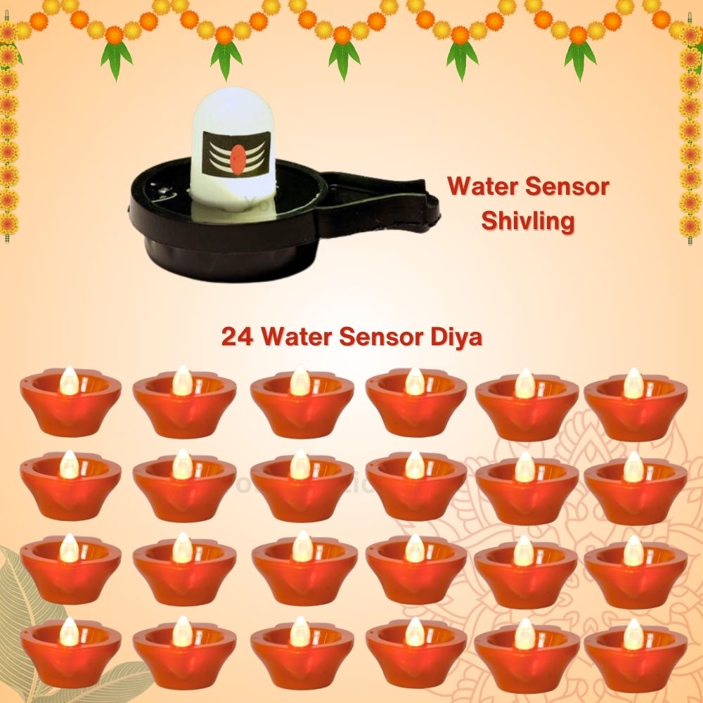 Water Sensor Glowing Shivling and Water Sensor Diyas (6,12,24,36) Combo