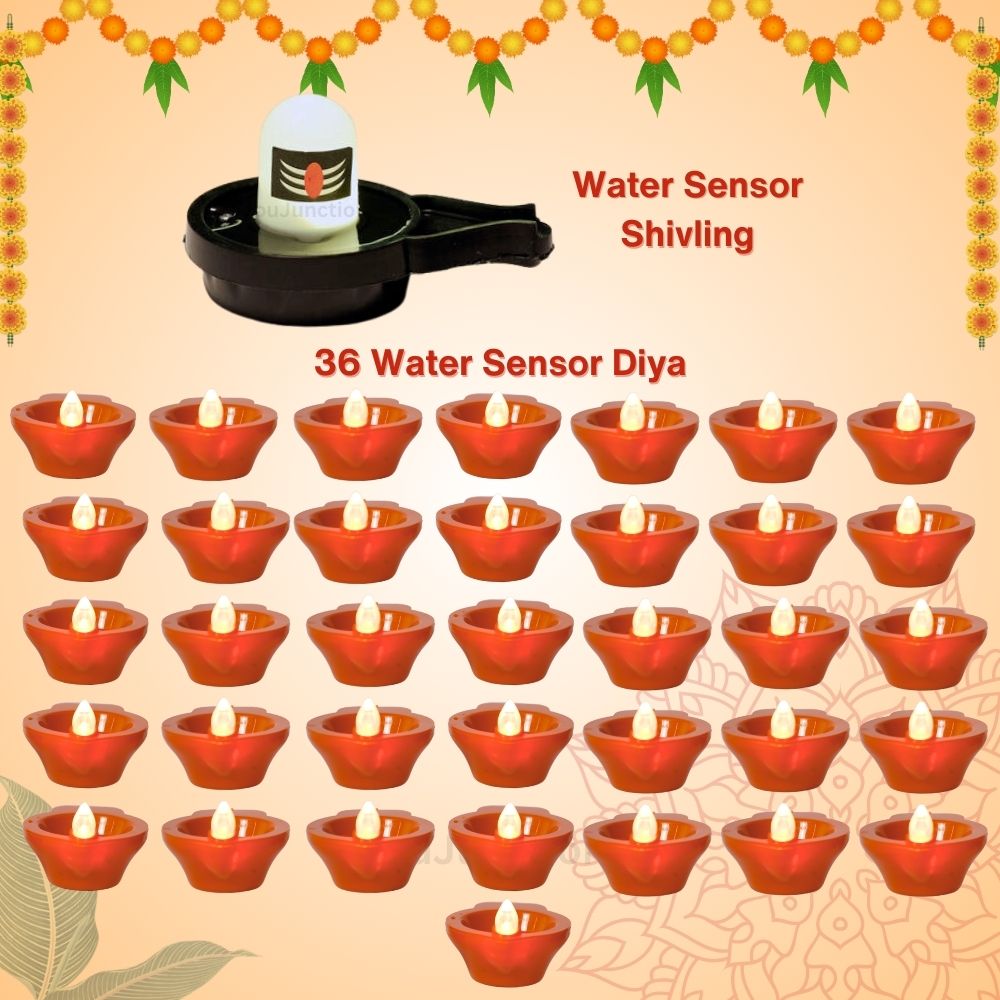 Water Sensor Glowing Shivling and Water Sensor Diyas (6,12,24,36) Combo