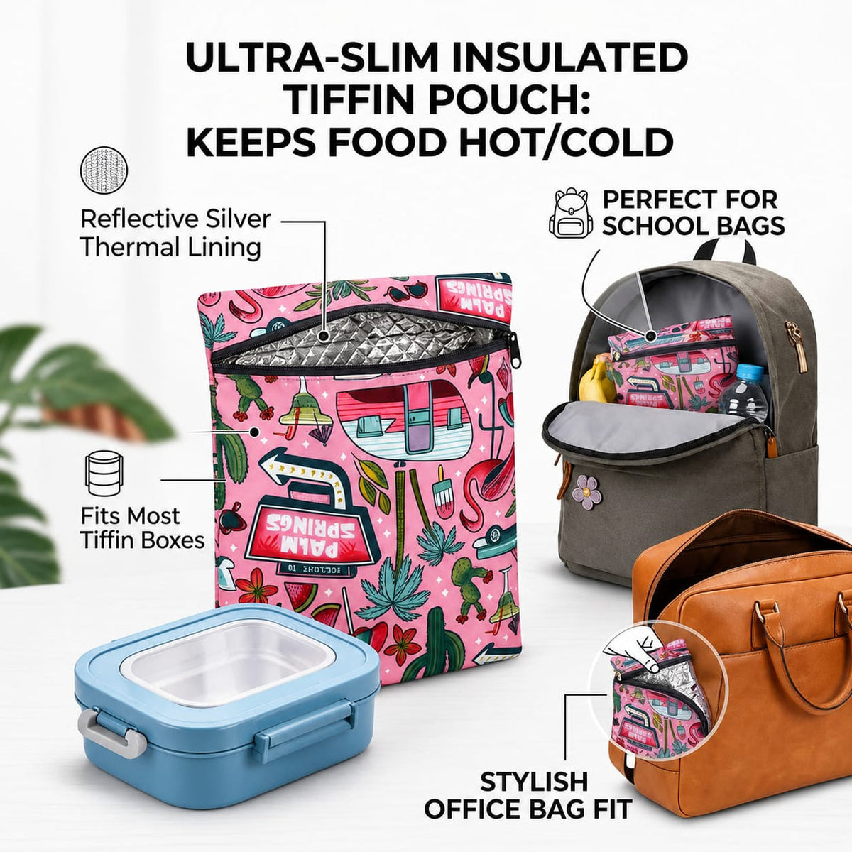 Big Thermal Lunch Pouch | Cotton Insulated Tiffin Cover Bag for Office & School | Random Print