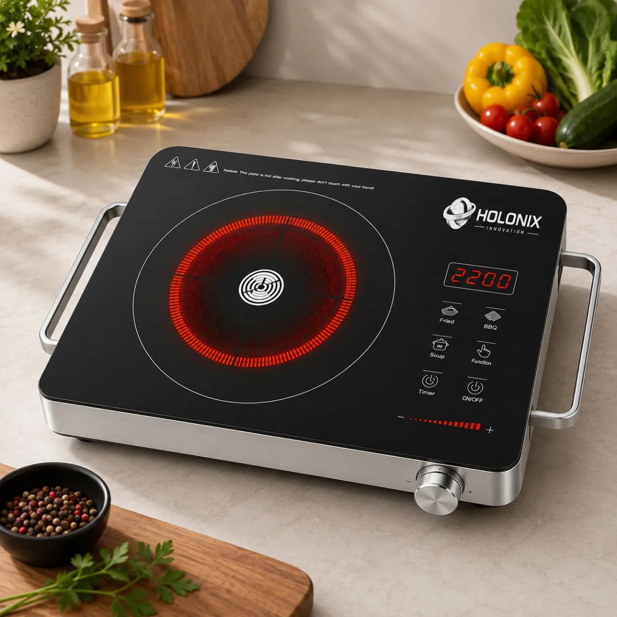 Holonix 2200W Infrared Cooktop | Crystal Glass Surface | Touch Control | Digital Timer | 1 Year Warranty