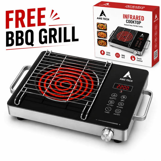 AMSTECH 2200W Infrared Cooktop + BBQ GRILL FREE | 4-Digit LED Display | 4-Hour Time | Super Heat Resistance | 1 Year Warranty at Dealers Point