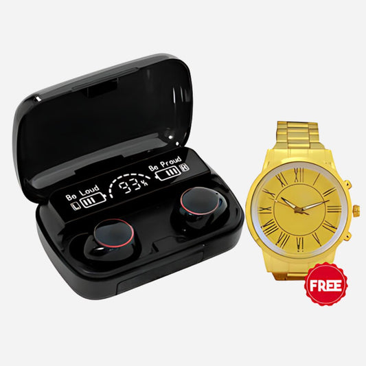 Wireless Earpods with Charging Inbuilt Charging Powerbank with Free golden watch