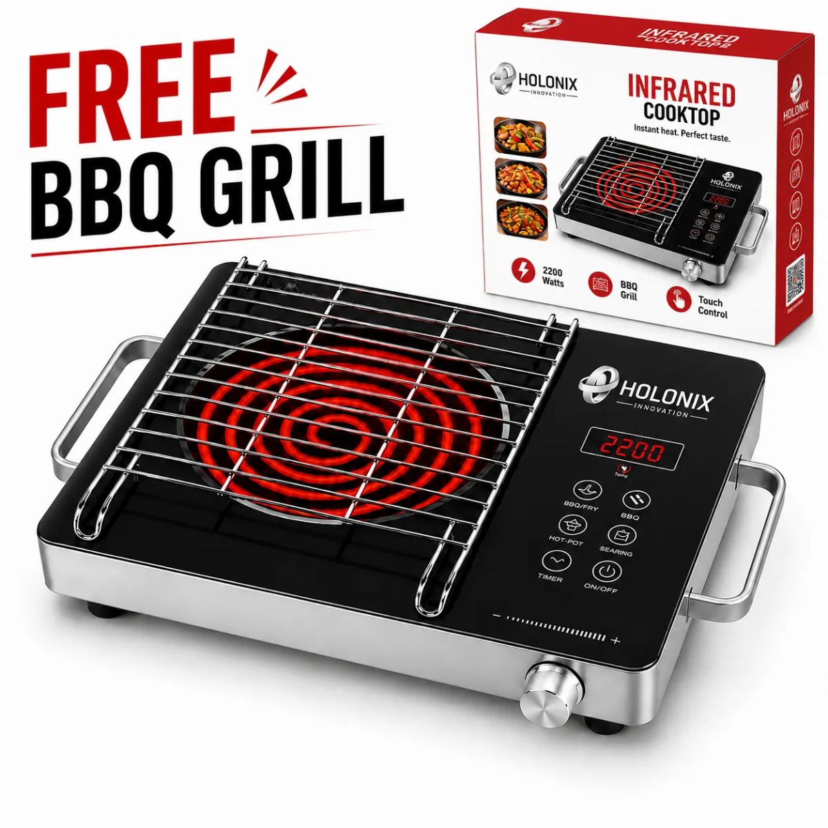 Holonix 2200W Infrared Cooktop + BBQ GRILL | Crystal Glass Surface | Touch Control | Digital Timer | 1 Year Warranty