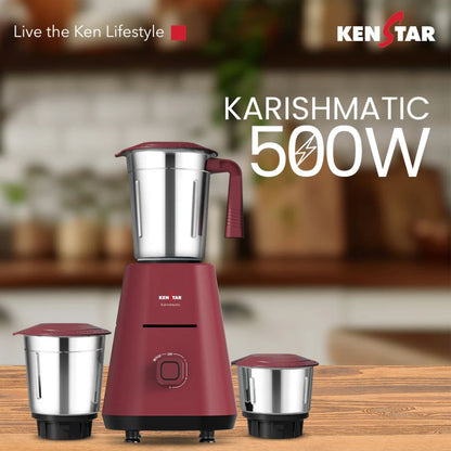 Kenstar Karishmatic 500W Mixer Grinder | 3 Stainless Steel Jars | Power Plus Turbo Motor | SS Ultima Blades| 2 Years Warranty