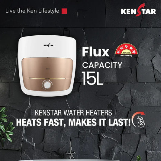 Kenstar Flux 15L 5 Star Storage Water Heater | Square Design | Polymer Tank | SwirlHeat Technology | 2 Years Warranty