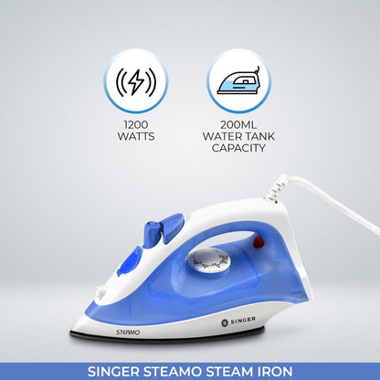 Singer Steamo 1200W Steam Iron | Dry Steam Spray Function | Non-Stick Sole Plate | Vertical Steam Burst | 2 Years Warranty