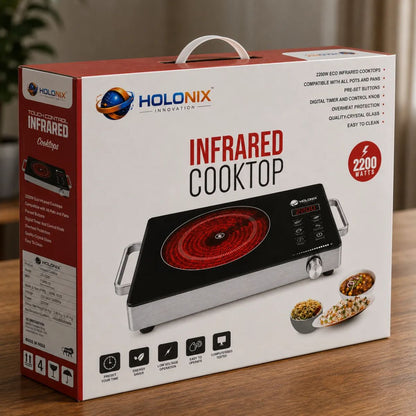 Holonix 2200W Infrared Cooktop | Crystal Glass Surface | Touch Control | Digital Timer | 1 Year Warranty