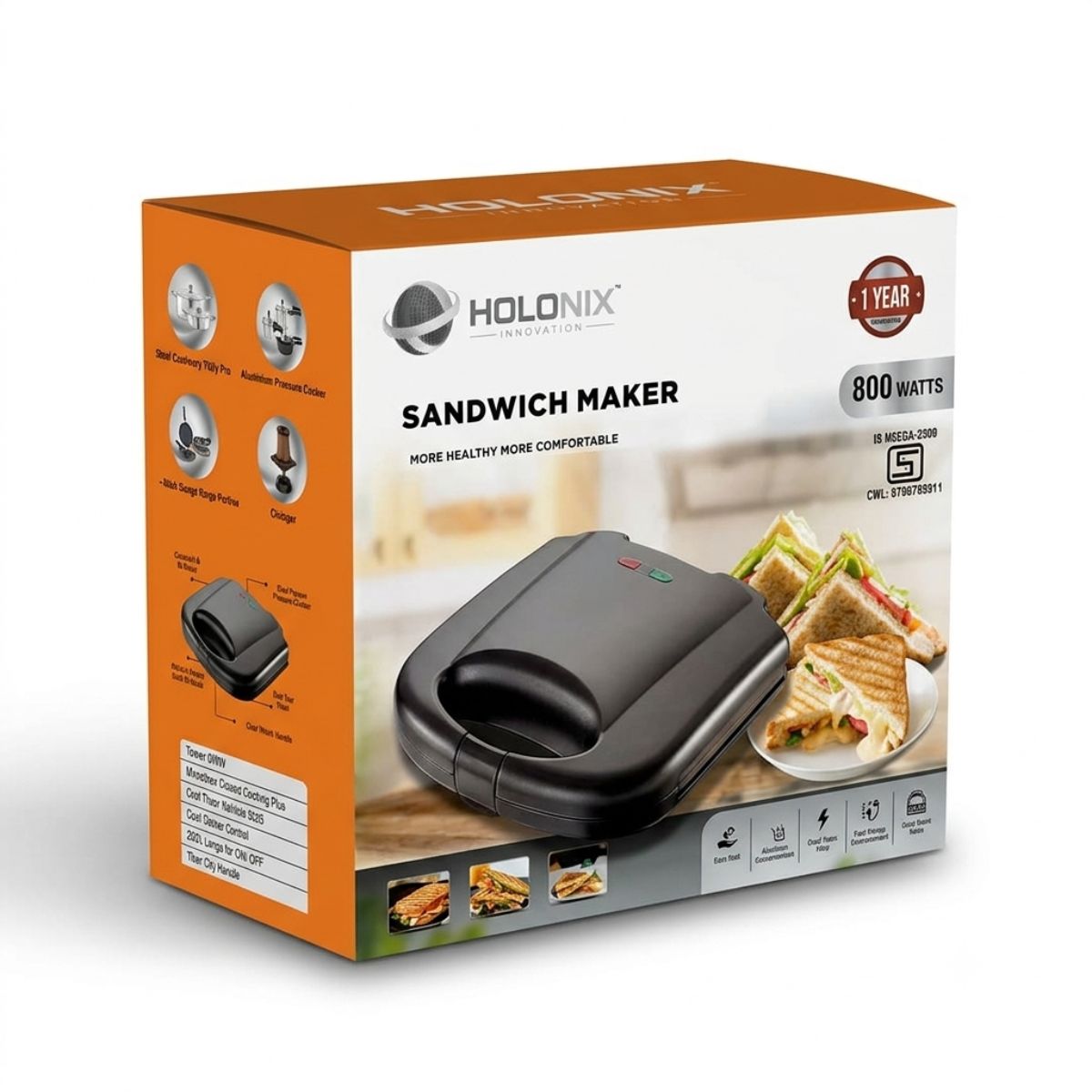 Holonix 800W Grill Sandwich Maker | Electric Toaster & Griller | Non-Stick Grill Plates | Power Indicators | 1 Year Warranty