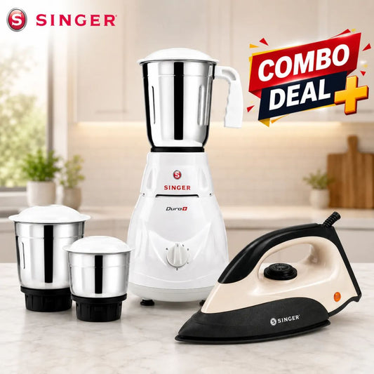 Singer Combo Duro Plus 500W Mixer Grinder + Auro 1000W Dry Iron | Dry Iron + 3 Jar Mixer Grinder | 1 Years Warranty