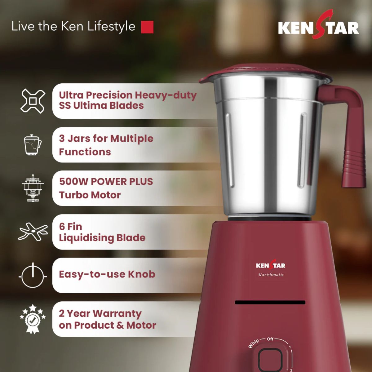 Kenstar Karishmatic 500W Mixer Grinder | 3 Stainless Steel Jars | Power Plus Turbo Motor | SS Ultima Blades| 2 Years Warranty