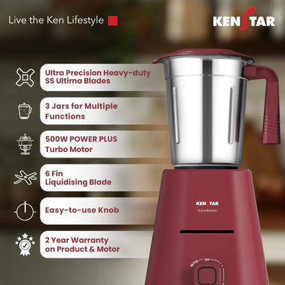 Kenstar Karishmatic 500W Mixer Grinder | 3 Stainless Steel Jars | Power Plus Turbo Motor | SS Ultima Blades| 2 Years Warranty