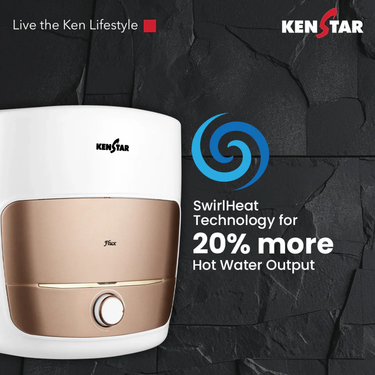 Kenstar Flux 25L 5 Star Storage Water Heater | Square Design | Polymer Tank | SwirlHeat Technology | 2 Years Warranty
