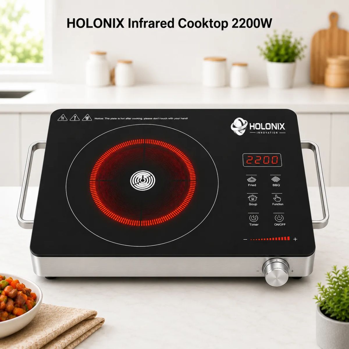 Holonix 2200W Infrared Cooktop | Crystal Glass Surface | Touch Control | Digital Timer | 1 Year Warranty
