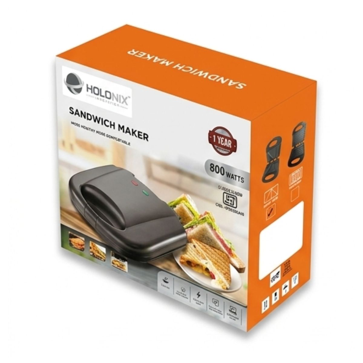 Holonix 800W Grill Sandwich Maker | Electric Toaster & Griller | Non-Stick Grill Plates | Power Indicators | 1 Year Warranty