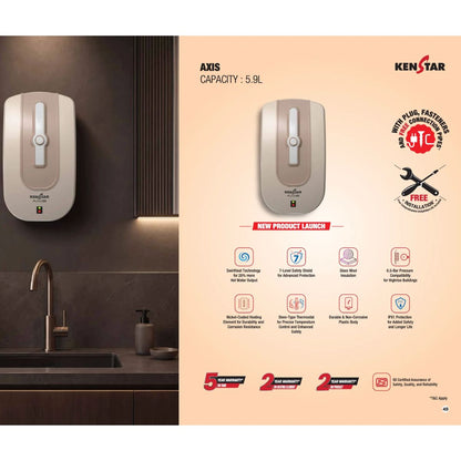 Kenstar AXIS 5.9L 3KW Instant Water Heater | SwirlHeat Technology | 6.5 Bar Pressure | 7-Level Safety Shield | 2 Years Warranty