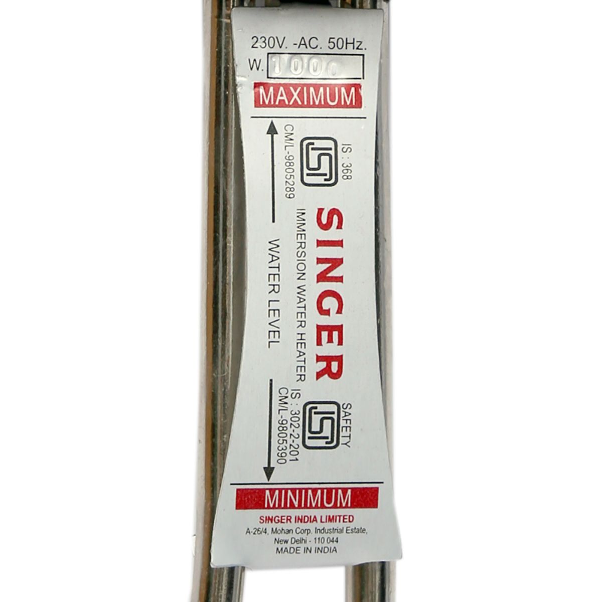 Singer IR07 1000W Immersion Water Heater | Copper Heating Element | Water Level Indicator | ISI Certified | 2 Years Warranty