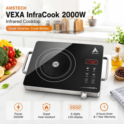 AMSTECH VEXA InfraCook 2000W | Infrared Cooktop | 4-Digit LED Display | 4 Hour Time | Super Heat Resistance | 1 Year Warranty at Dealers Point