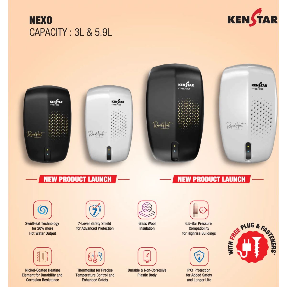 Kenstar 5.9L NEXO 3KW Instant Water Heater | Geyser | SwirlHeat Technology | 6.5 Bar Pressure | 2 Years Warranty