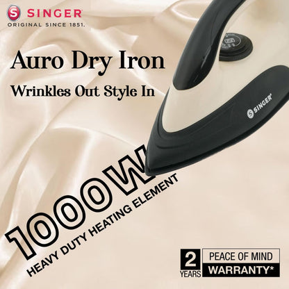 Singer Auro 1000W Dry Iron | Double Coated Teflon Sole Plate | Adjustable Temperature Control | ISI Mark | 2 Years Warranty