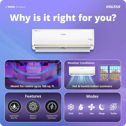 Voltas Vertis 1.5 Ton 3 Star Inverter Split AC (2026) | 183INV | 5100W Cooling | Copper Condenser | 5 Years Comprehensive Warranty