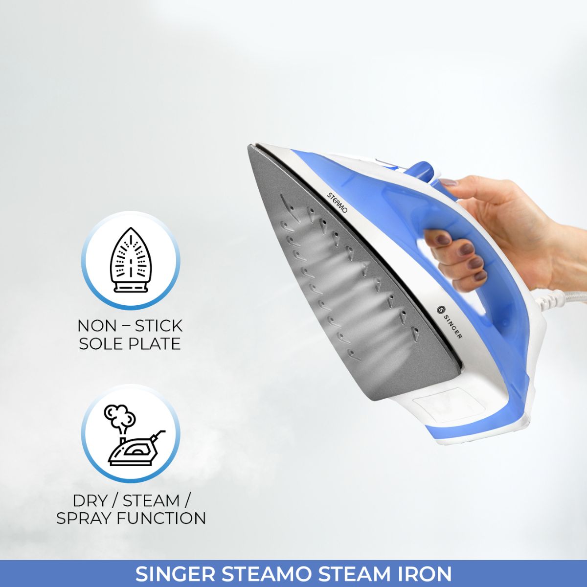 Singer Steamo 1200W Steam Iron | Dry Steam Spray Function | Non-Stick Sole Plate | Vertical Steam Burst | 2 Years Warranty