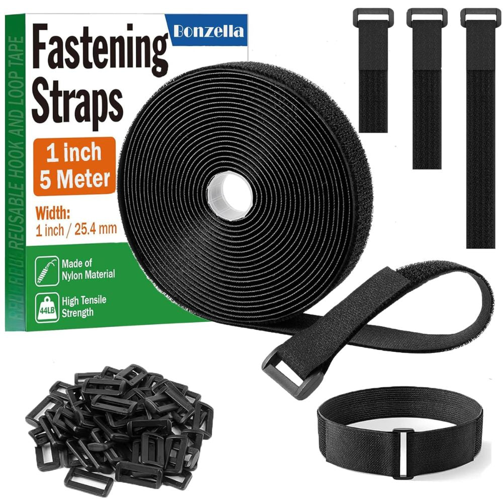 BEXT Hook & Loop Velcro Straps with Buckles for Cable & Wire Management | Adjustable Reusable Cinch Ties (5M x 1 Inch)