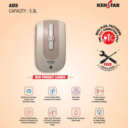 Kenstar AXIS 5.9L 3KW Instant Water Heater | SwirlHeat Technology | 6.5 Bar Pressure | 7-Level Safety Shield | 2 Years Warranty