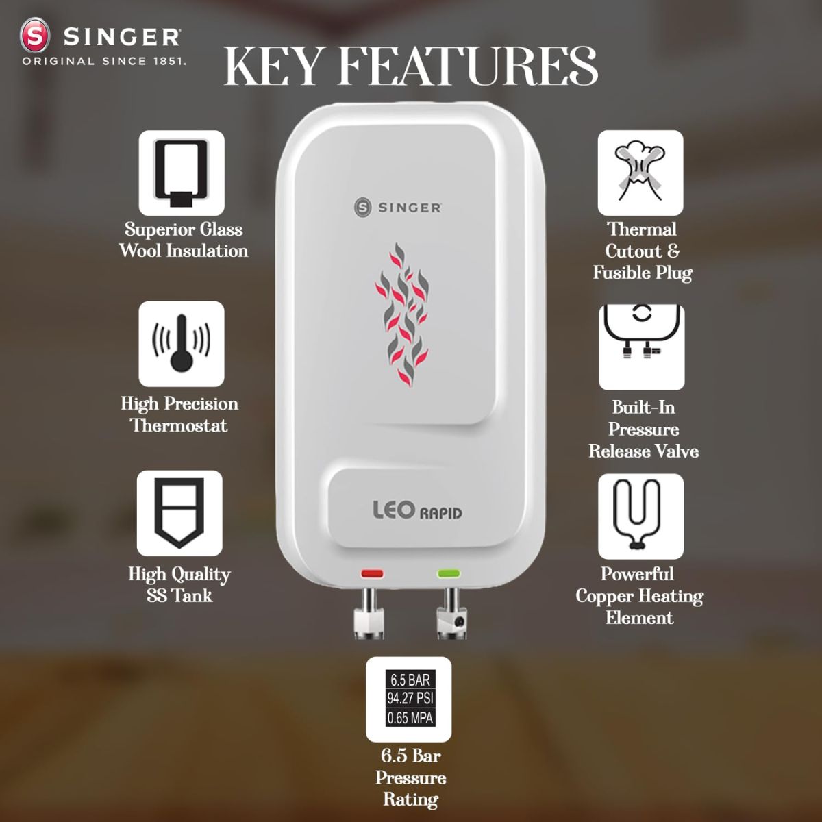 Singer Leo Rapid 5.9 L Instant Water Heater | Geyser | 3000W Power | Copper Heating Element | Stainless Steel Tank | ISI Marked | 2 Years Warranty