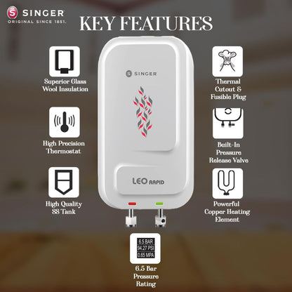 Singer Leo Rapid 5.9 L Instant Water Heater | Geyser | 3000W Power | Copper Heating Element | Stainless Steel Tank | ISI Marked | 2 Years Warranty