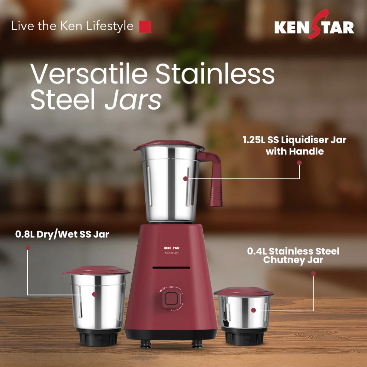 Kenstar Karishmatic 500W Mixer Grinder | 3 Stainless Steel Jars | Power Plus Turbo Motor | SS Ultima Blades| 2 Years Warranty