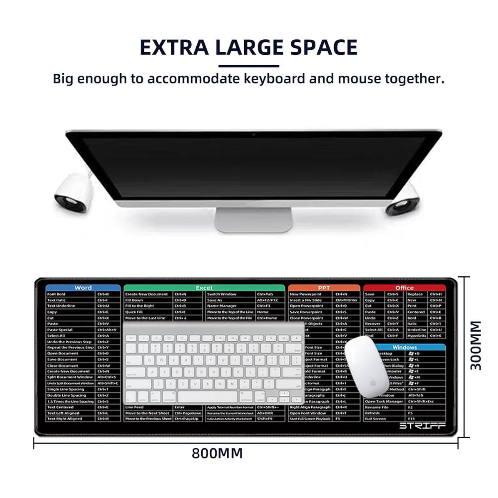 BEXT Windows & Office Keyboard Shortcuts Desk Mat | Extended Gaming Mouse Pad (80 × 30 cm) | Anti-Slip Rubber Base | Stitched Edges