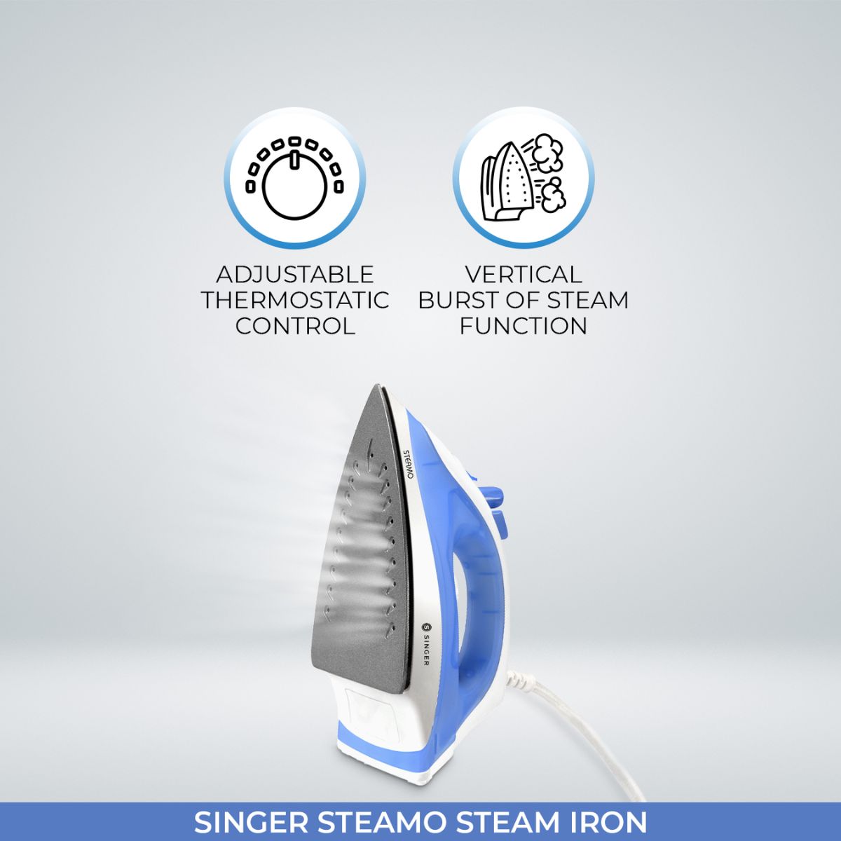 Singer Steamo 1200W Steam Iron | Dry Steam Spray Function | Non-Stick Sole Plate | Vertical Steam Burst | 2 Years Warranty