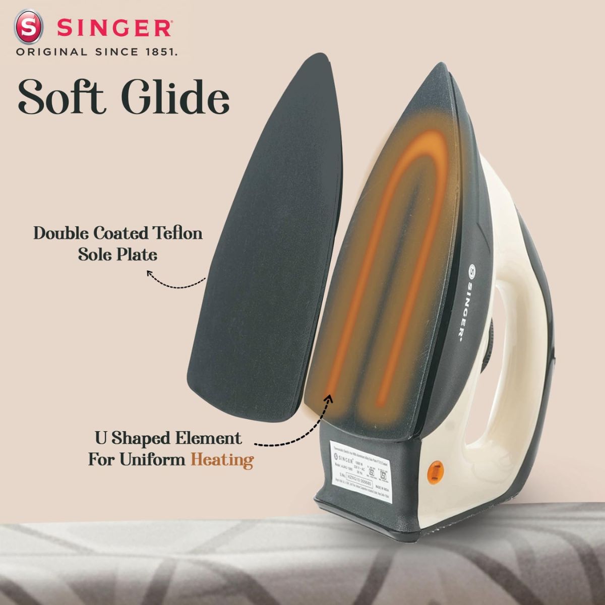 Singer Auro 1000W Dry Iron | Double Coated Teflon Sole Plate | Adjustable Temperature Control | ISI Mark | 2 Years Warranty