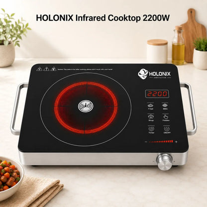 Holonix 2200W Infrared Cooktop | Crystal Glass Surface | Touch Control | Digital Timer | 1 Year Warranty