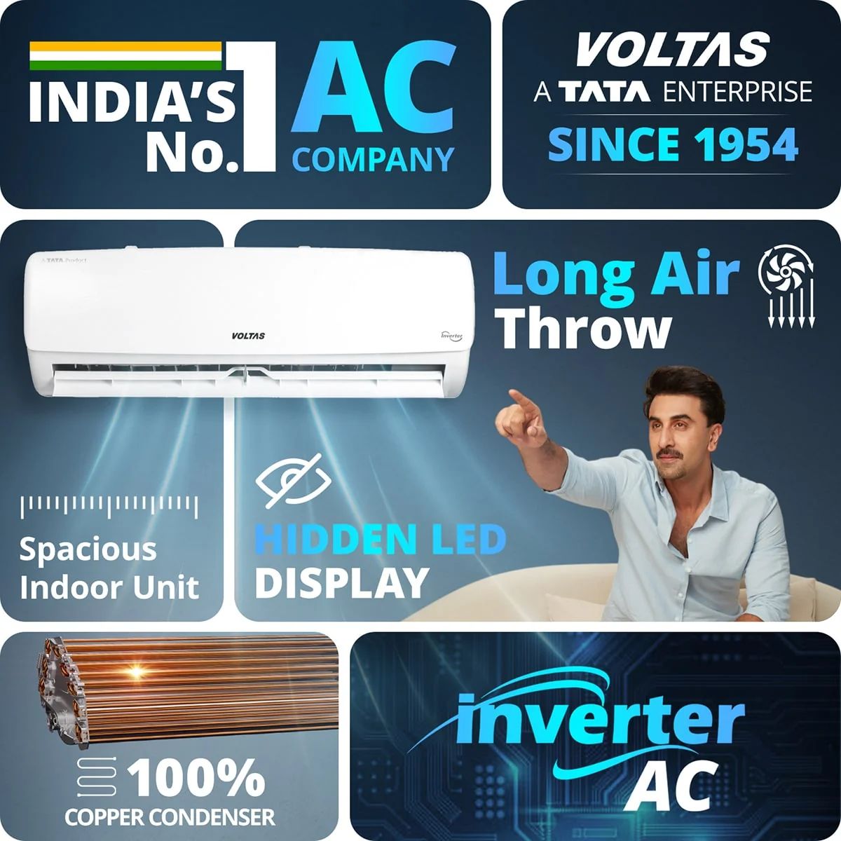 Voltas Vectra 1 Ton 3 Star Inverter Split AC (2026) | 123INV | 3326W Cooling | Copper Condenser | 5 Years Comprehensive Warranty
