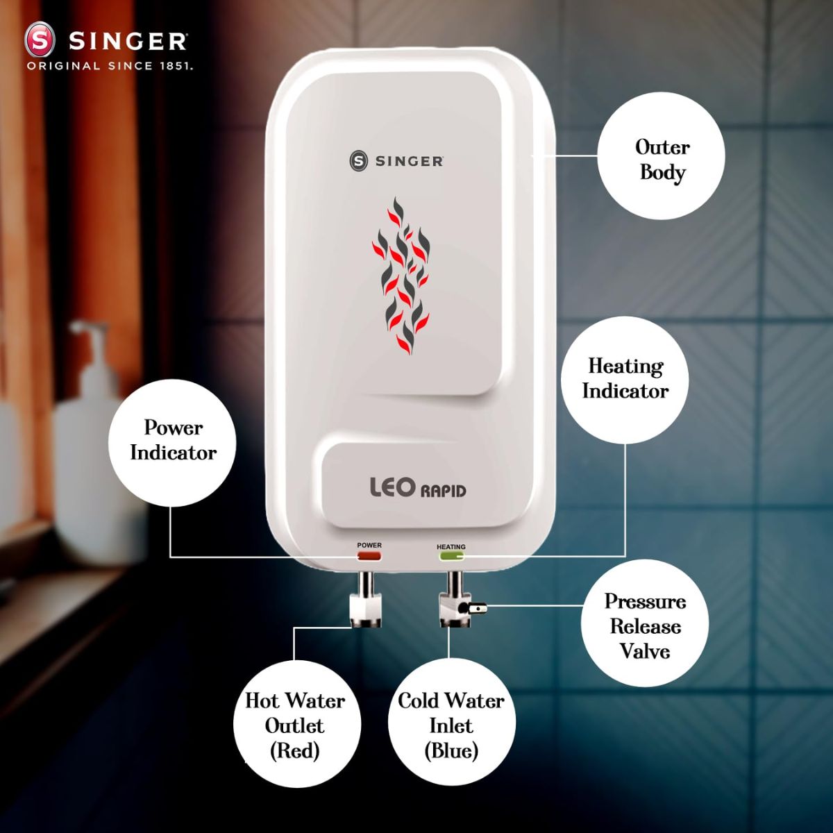 Singer Leo Rapid 5.9 L Instant Water Heater | Geyser | 3000W Power | Copper Heating Element | Stainless Steel Tank | ISI Marked | 2 Years Warranty