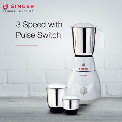 Singer Duro Plus 500W Mixer Grinder | 3 Stainless Steel Jars | Anti-Slip Feet | Shock Proof ABS Body | 1 Years Warranty