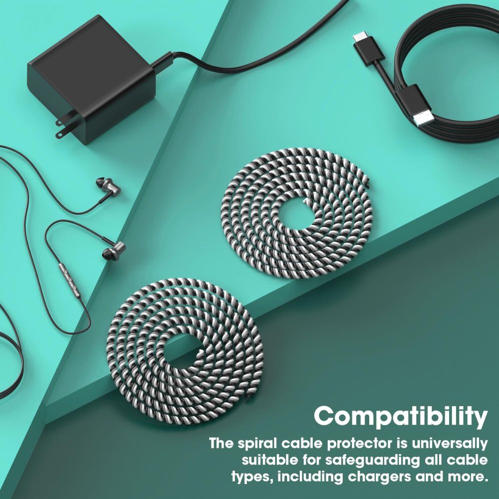 BEXT (2Pcs) Spiral Cable Protector for Charging & Data Cables | Headphone & USB Cable Protective Sleeve | Pet-Safe Wire Cover (Black & Grey)