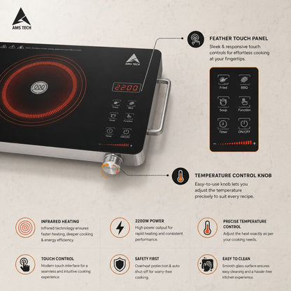 AMSTECH 2200W Infrared Cooktop + BBQ GRILL FREE | 4-Digit LED Display | 4-Hour Time | Super Heat Resistance | 1 Year Warranty at Dealers Point