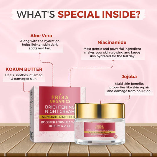 Prisa Organics Brightening Night Cream for Skin Lightening & Glow, Boots Skin during Night, Gel Cream Formula | 50ml