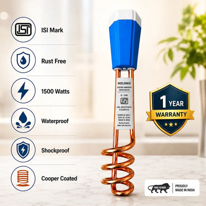 Holonix 1500W Immersion Rod Electric Water Heater | Copper Coating | Waterproof | Fast Heating Element | 1 Year Replacement Warranty