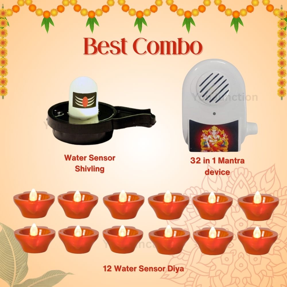 32 in 1 Mantra Chanting Device with Water Sensor Glowing Shivling and Water Sensor Diyas (6,12,24,36) Combo