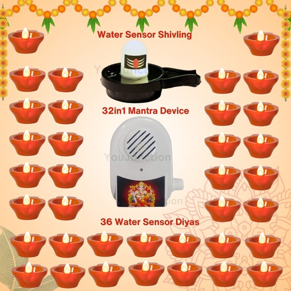 32 in 1 Mantra Chanting Device with Water Sensor Glowing Shivling and Water Sensor Diyas (6,12,24,36) Combo