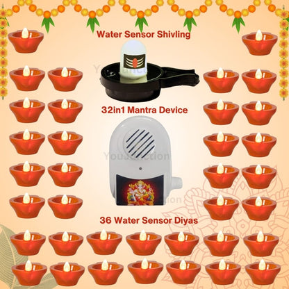 32 in 1 Mantra Chanting Device with Water Sensor Glowing Shivling and Water Sensor Diyas (6,12,24,36) Combo